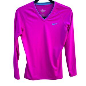 Nike Pro Combat Athletic Womens Fitted Long-Sleeve Dri-Fit‎ Shirt Pink Blue Logo